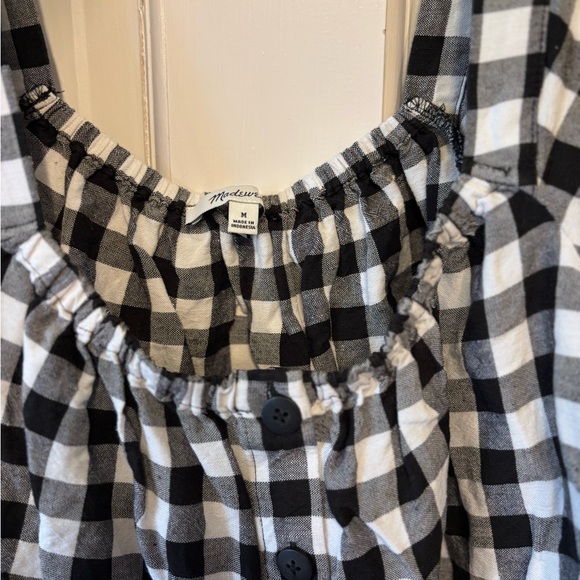 Madewell Size M Black White Gingham Puff Sleeve Button Front Top Parisian Vibes - Picture 2 of 6